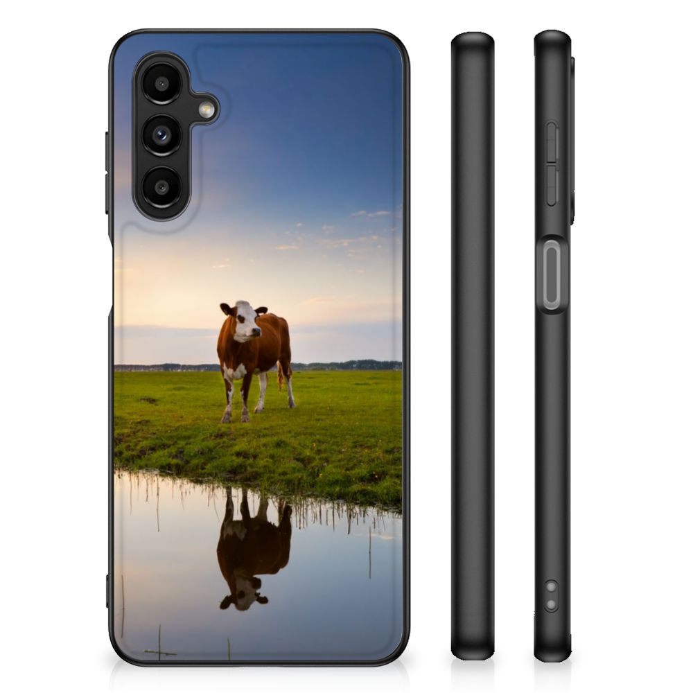 Samsung Galaxy A14 5G Dierenprint Telefoonhoesje Koe met koe en reflectie in water, perfect voor dagelijks gebruik.