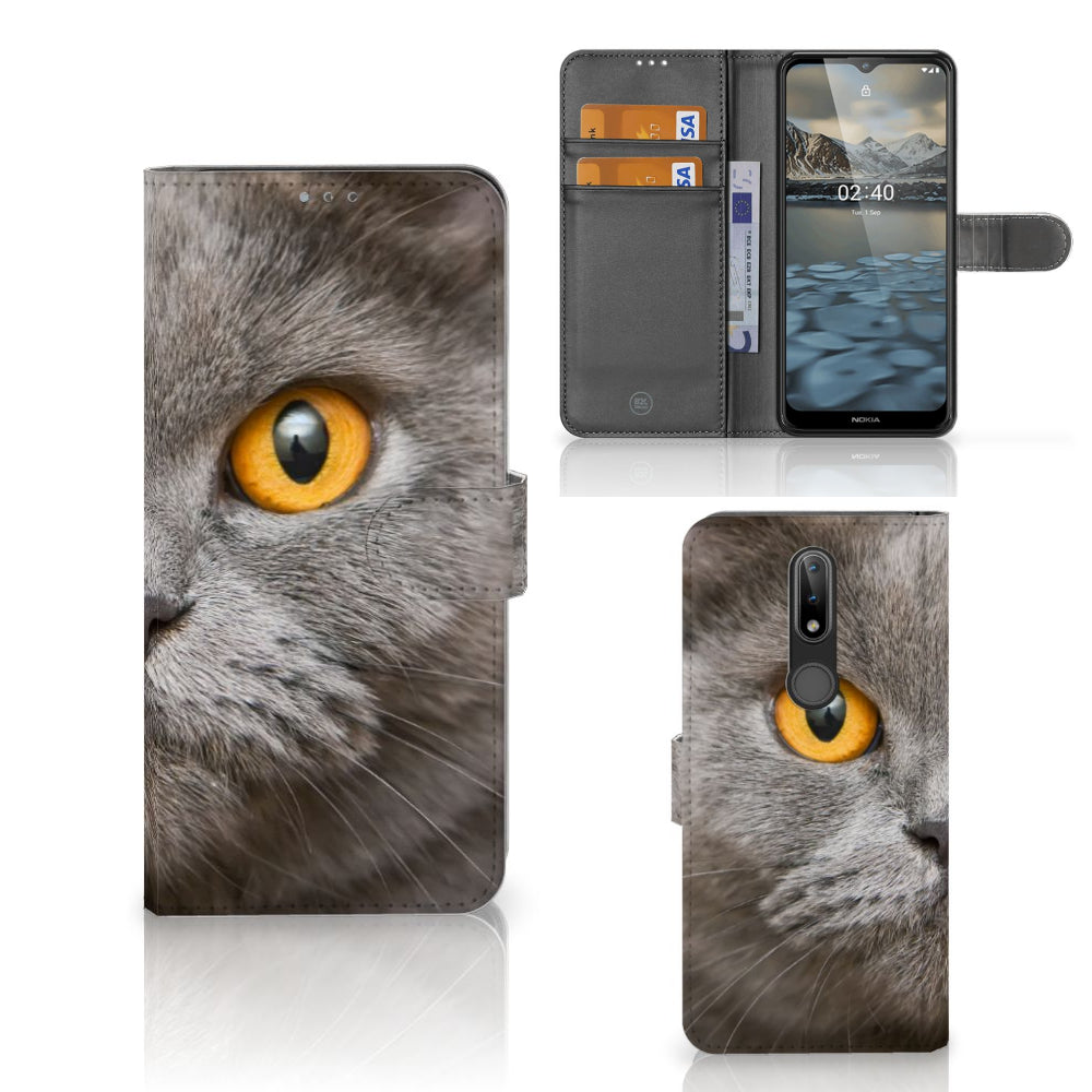 Telefoonhoesje met Pasjes Nokia 2.4 Britse Korthaar met afbeelding van een grijze kat met gele ogen.