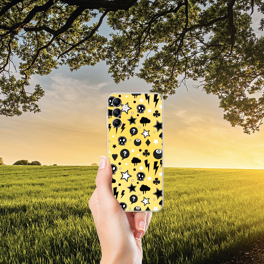 Silicone Back Case Samsung Galaxy A14 5G Punk Geel met zwart-witte symbolen op een gele achtergrond.