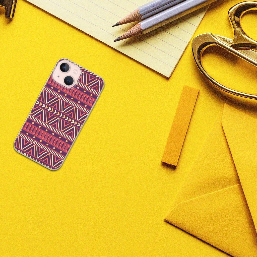 iPhone 13 mini TPU bumper Aztec Paars met kleurrijk patroon op gele ondergrond đą