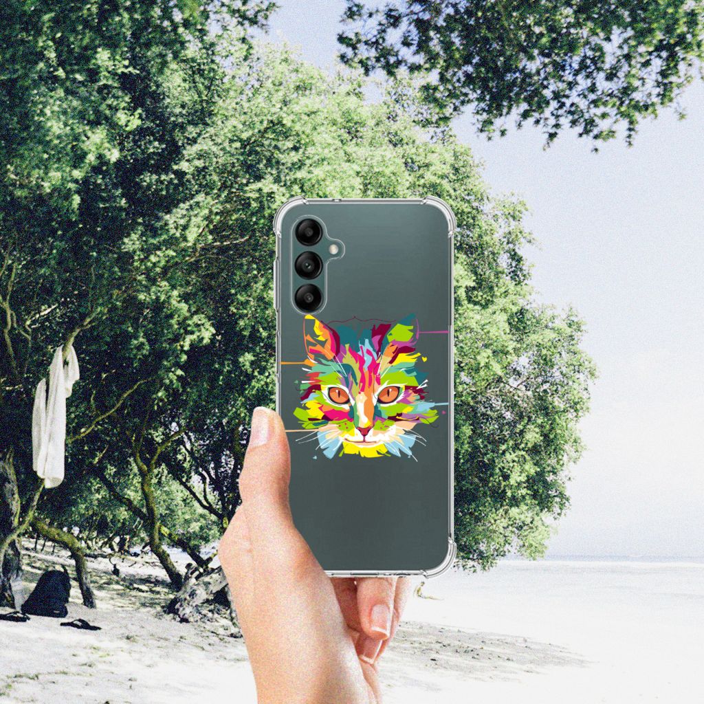 Samsung Galaxy A14 5G/4G Stevig Bumper Hoesje Cat Color in hand bij het strand