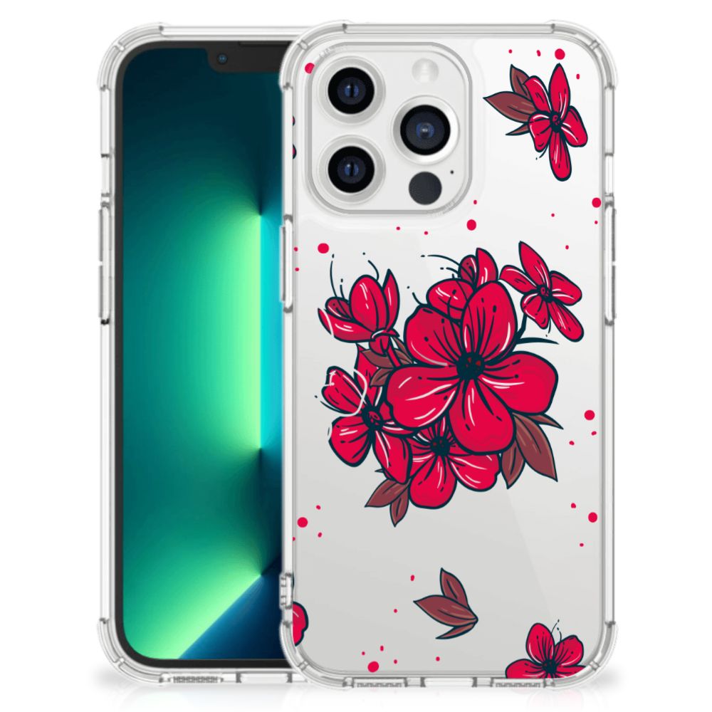 iPhone 13 Pro Max Case Blossom Red met mooie rode bloesems op witte achtergrond đ¸