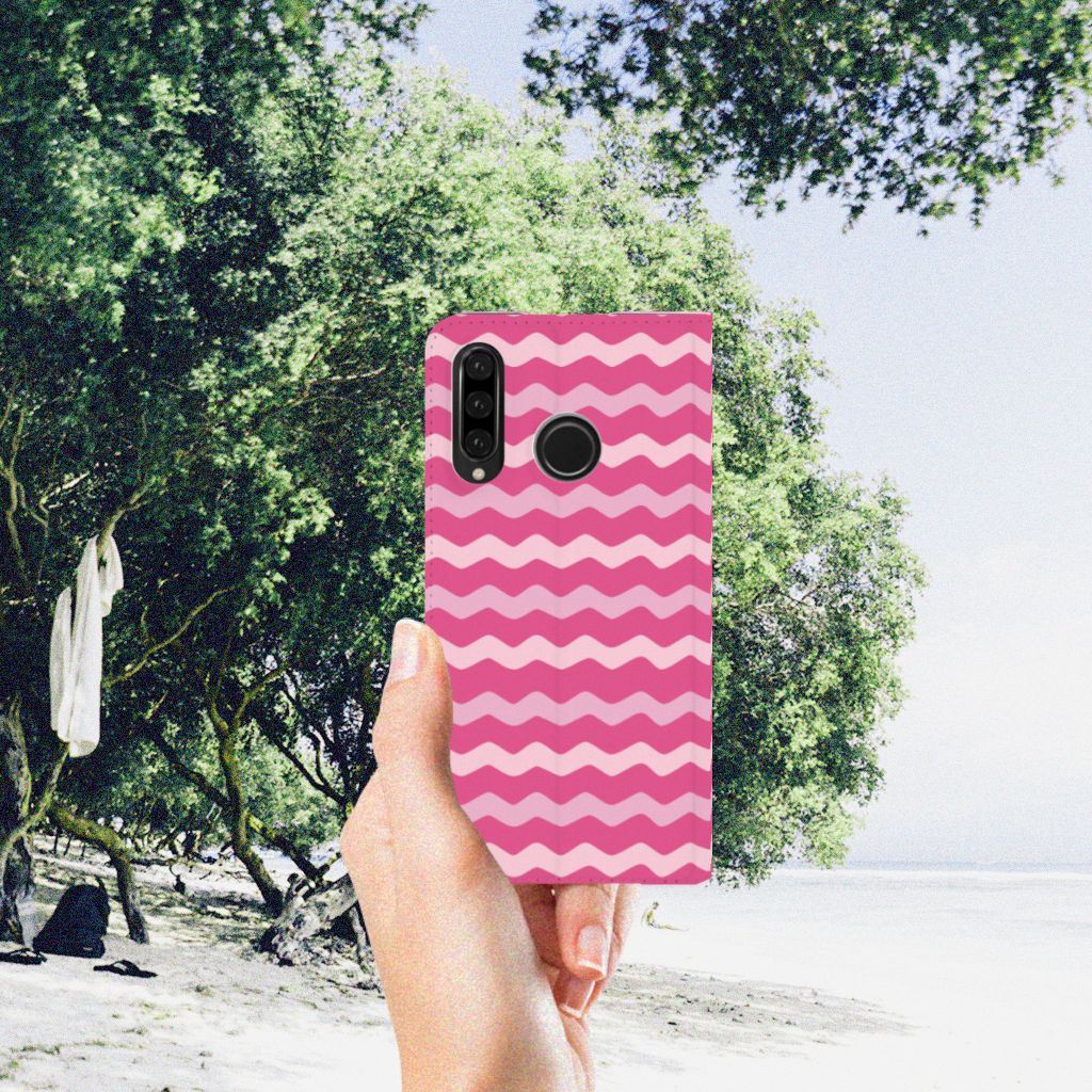 Huawei P30 Lite New Edition Hoesje met Magneet Waves Pink