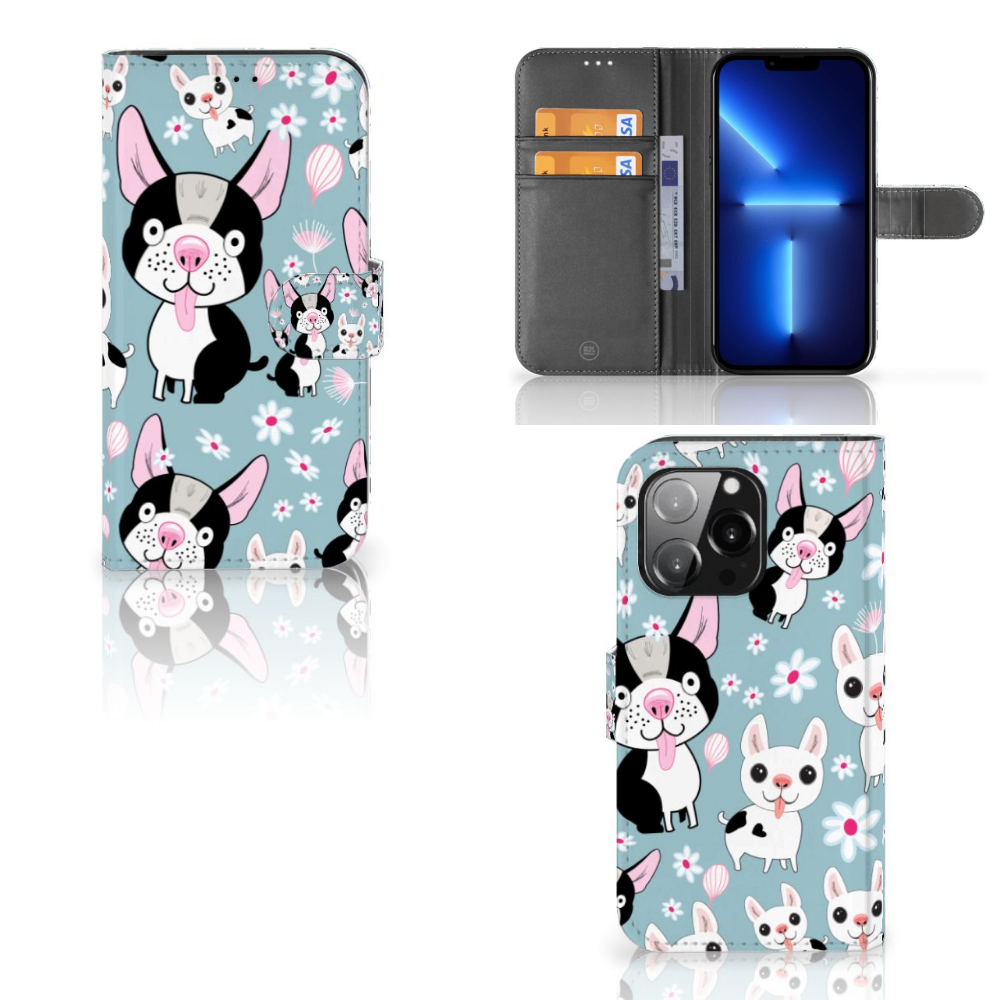 iPhone 13 Pro Telefoonhoesje met Pasjes Hondjes met schattige cartoon hondjes en bloemen đ¸