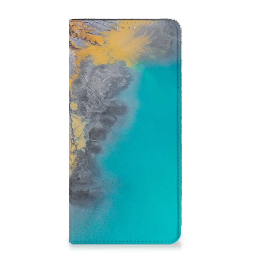 Samsung Galaxy A14 5G Standcase Marble Blue Gold met marmerdesign in blauw en goudkleurige accenten.