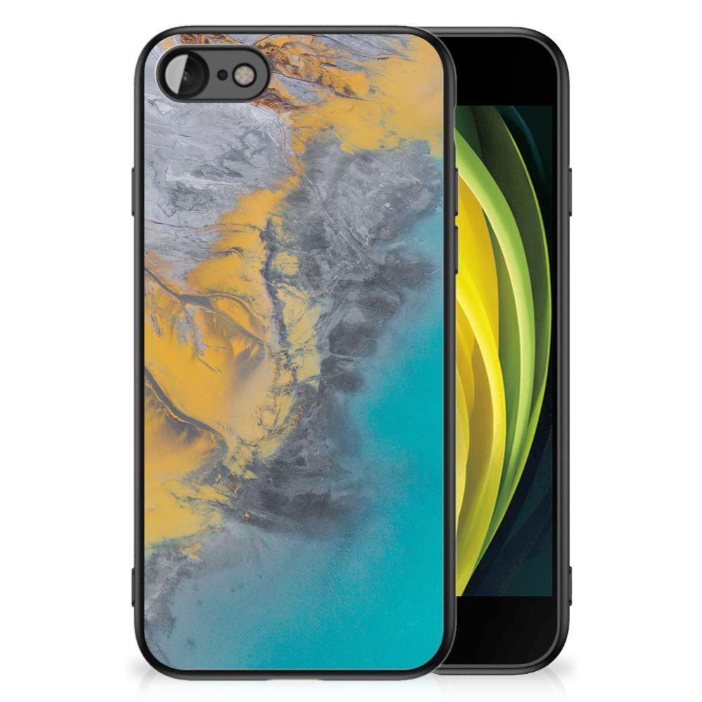 iPhone SE 2022 | SE 2020 | 7/8 Marmeren Print Telefoonhoesje Marble Blue Gold met opvallend stenen design.