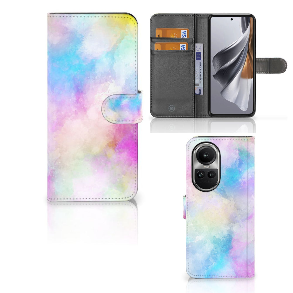 Hoesje OPPO Reno10 | 10 Pro Watercolor Light met pastelkleuren en pasjeshouder, uniek en kleurrijk ontwerp.