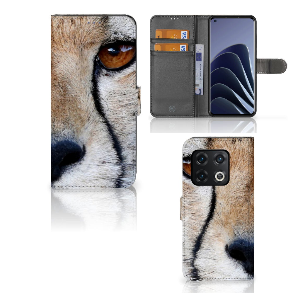 OnePlus 10 Pro Telefoonhoesje met Pasjes Cheetah met cheeta close-up en pasjesruimte