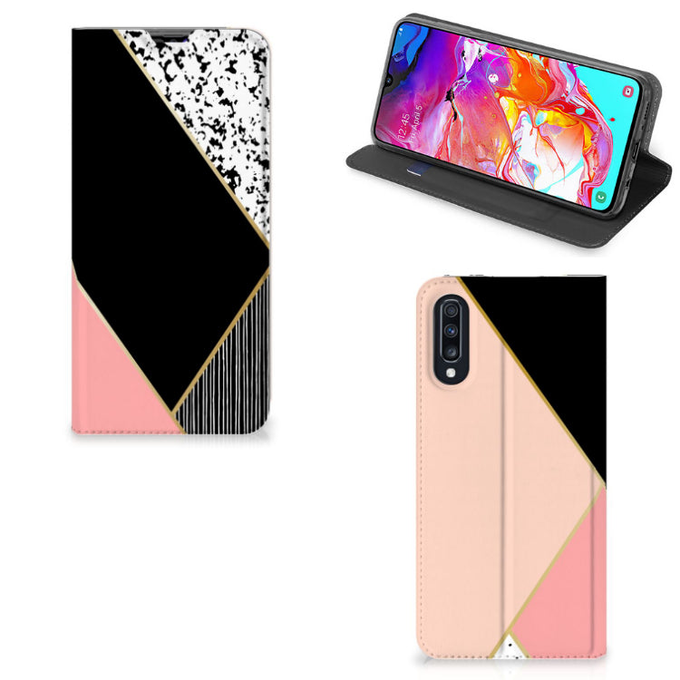 Samsung Galaxy A70 Stand Case Zwart Roze Vormen