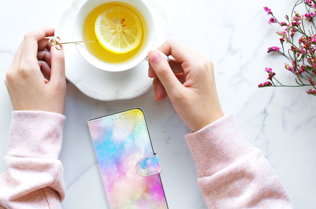 Hoesje OPPO Find X5 Lite | Reno 7 5G Watercolor Light met pastelkleuren en een kopje thee op een marmeren tafel.