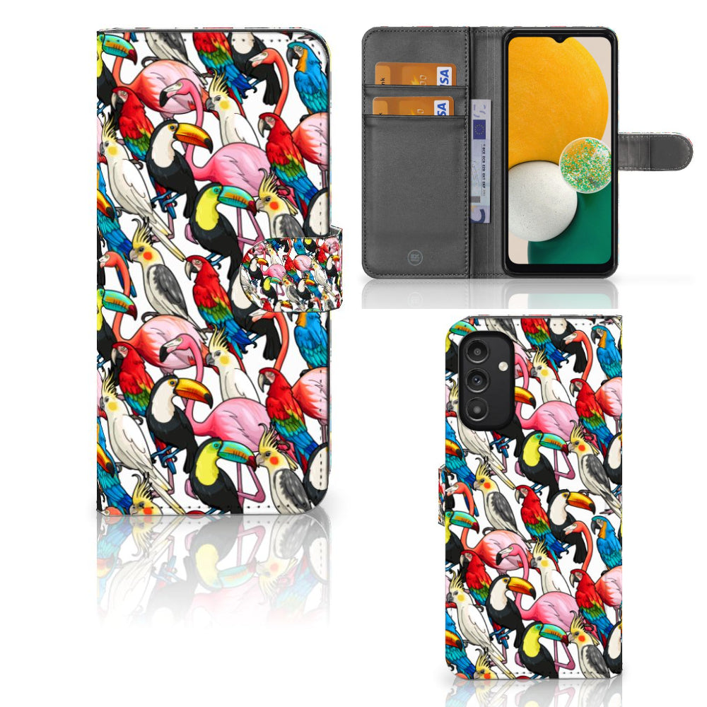 Samsung Galaxy A14 4G Telefoonhoesje met Pasjes Birds met kleurrijke vogels en ruimte voor pasjes