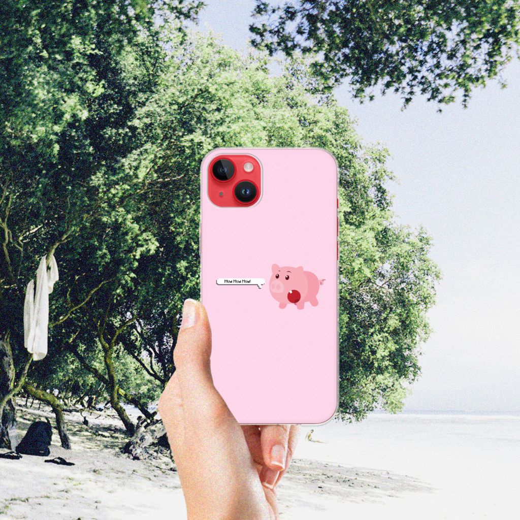 iPhone 14 Plus Telefoonhoesje met Naam Pig Mud met schattig varkensontwerp đˇ op een roze achtergrond.