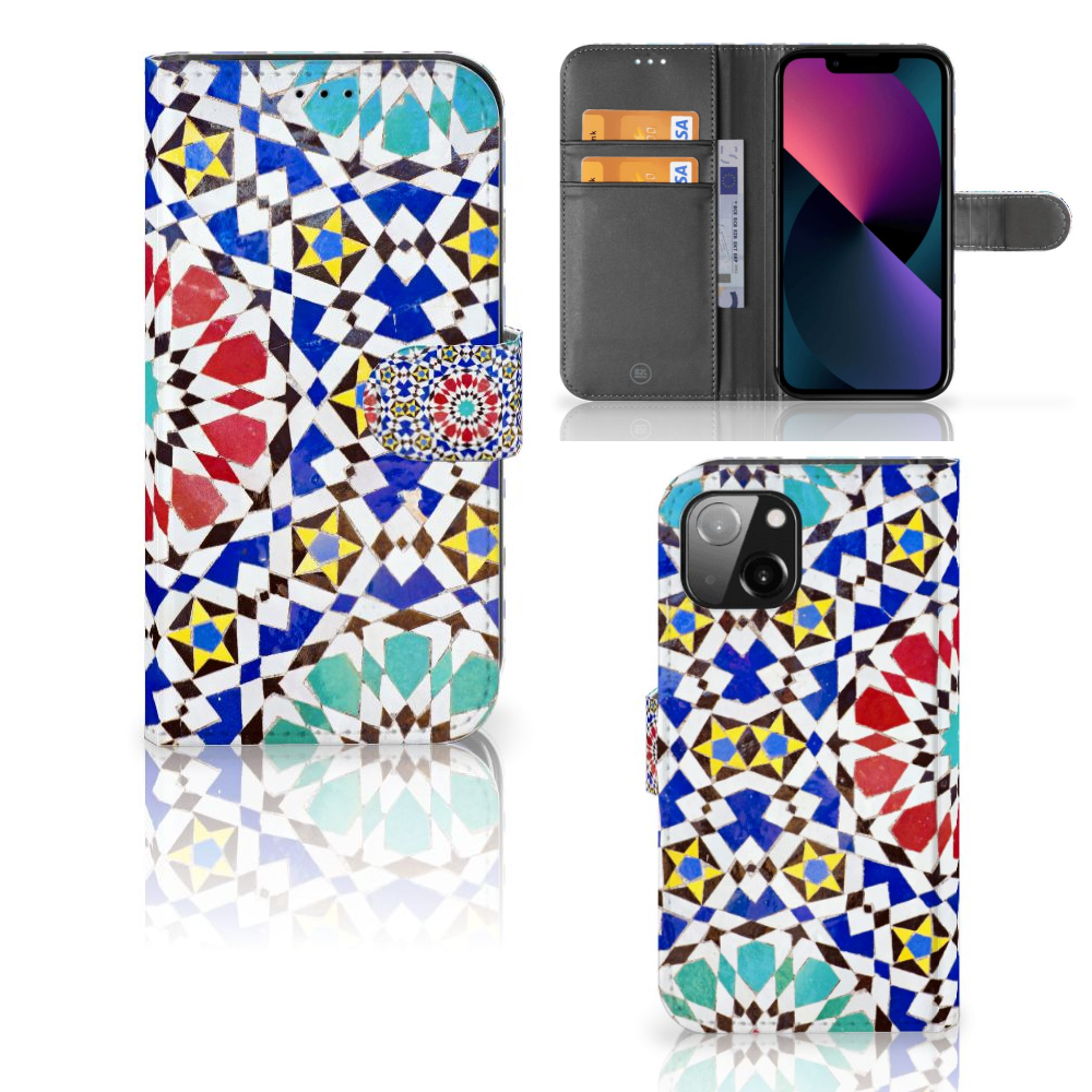 Apple iPhone 13 Bookcase Mozaïek met kleurrijke mozaïekpatronen en ruimte voor pasjes. 📱