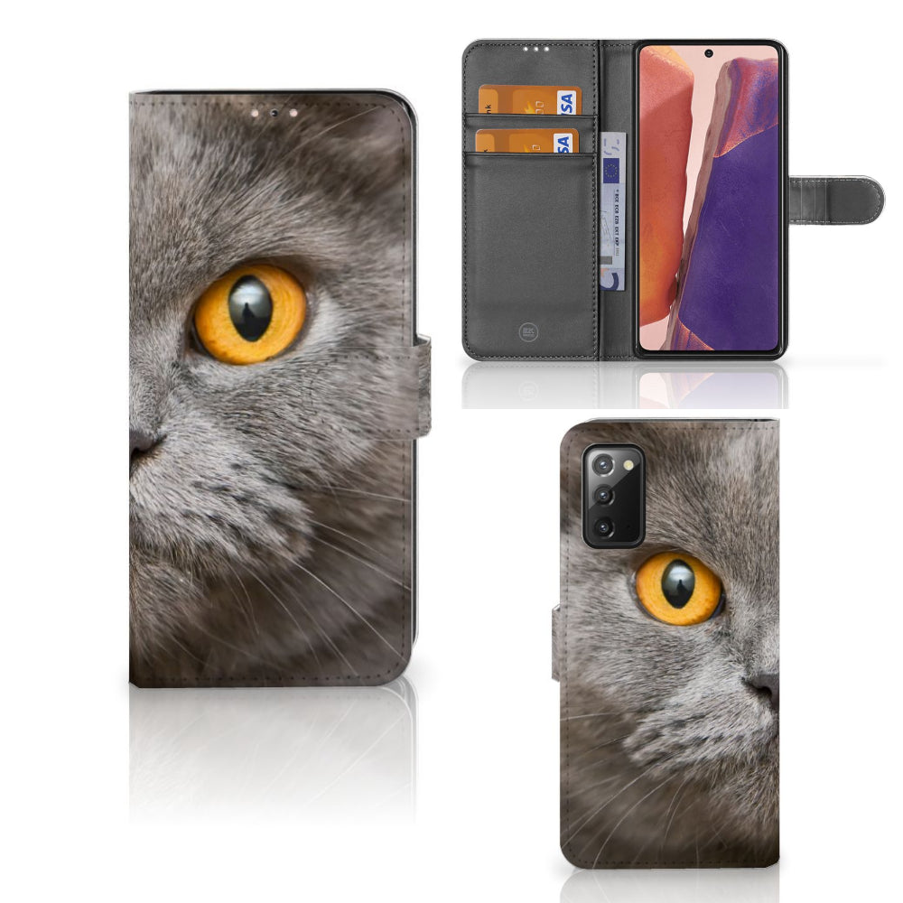 Telefoonhoesje met Pasjes Samsung Galaxy Note 20 Britse Korthaar, met afbeelding van Britse korthaar kat en pasjeshouder.