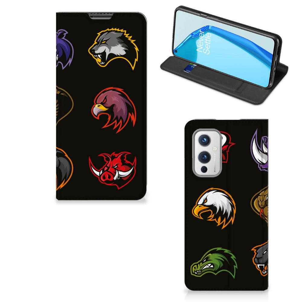 OnePlus 9 Magnet Case Cartoon with colorful animal designs on a black background.