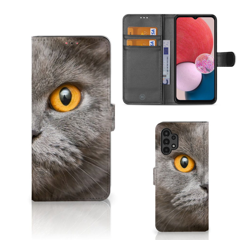 Telefoonhoesje met Pasjes Samsung Galaxy A13 (4G) Britse Korthaar met indrukwekkende kattenafbeelding.