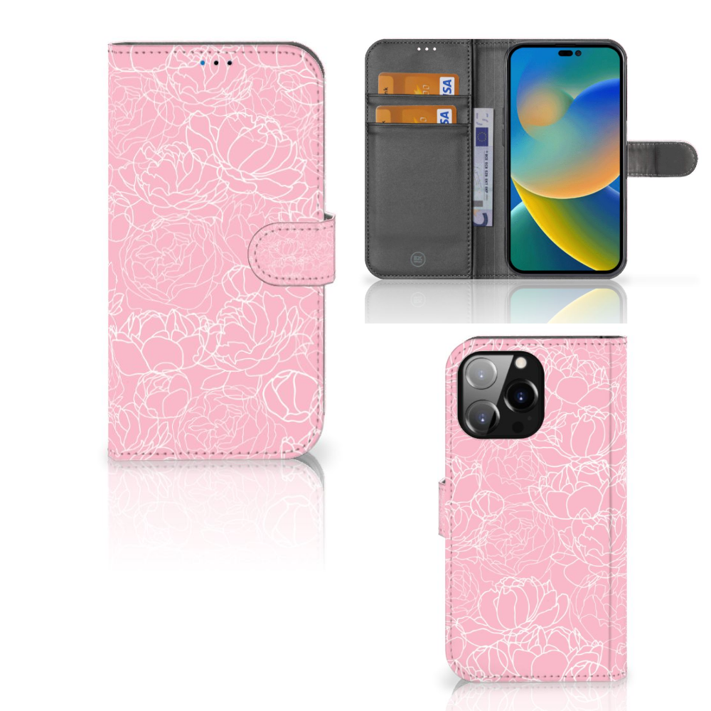 iPhone 14 Pro Max Hoesje White Flowers met een roze bloemenpatroon en vakjes voor kaarten đ¸