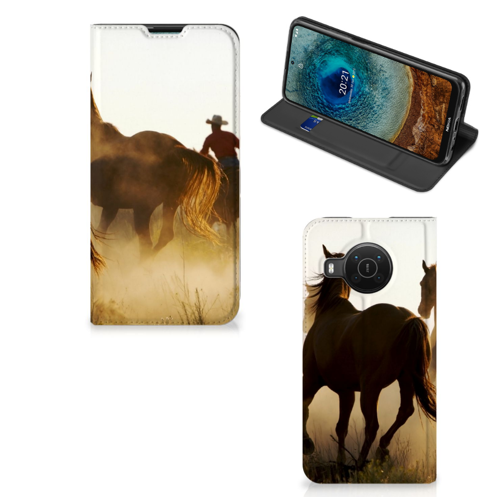 Nokia X20 | X10 Hoesje maken Design Cowboy met paarden en cowboy op de achtergrond.