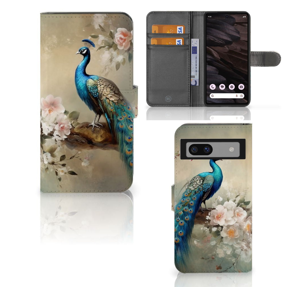 Telefoonhoesje met Pasjes voor Google Pixel 7A Vintage Pauwen