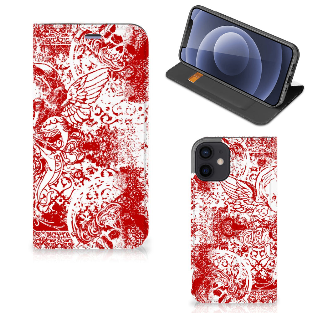Mobiel BookCase iPhone 12 Mini Angel Skull Rood