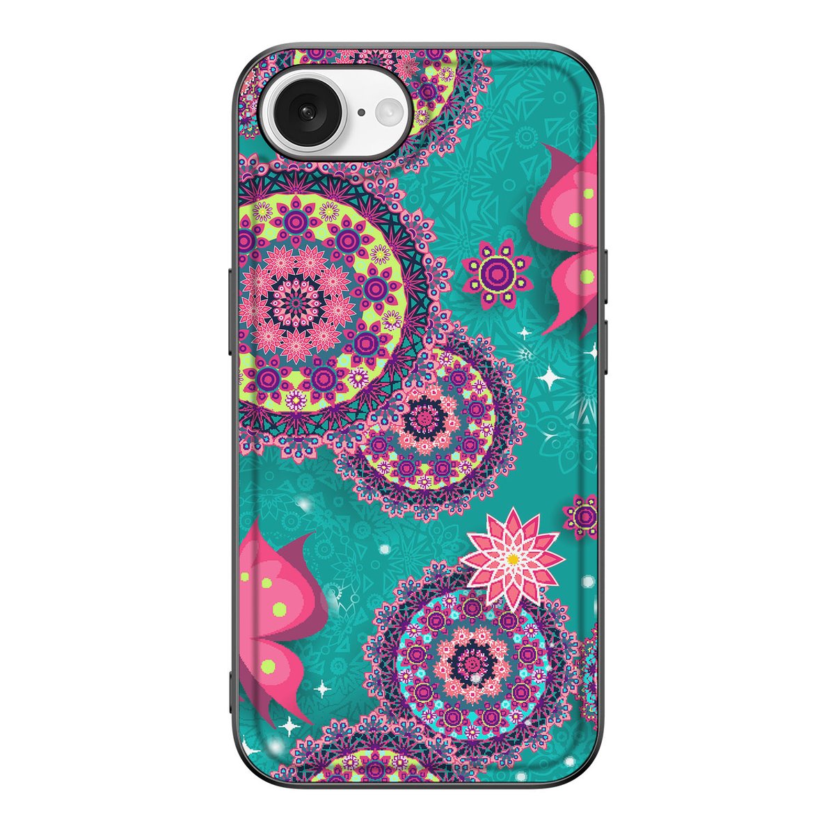 iPhone 16e Leuk Telefoonhoesje Cirkels en Vlinders met kleurrijk design van cirkels en vlinders.