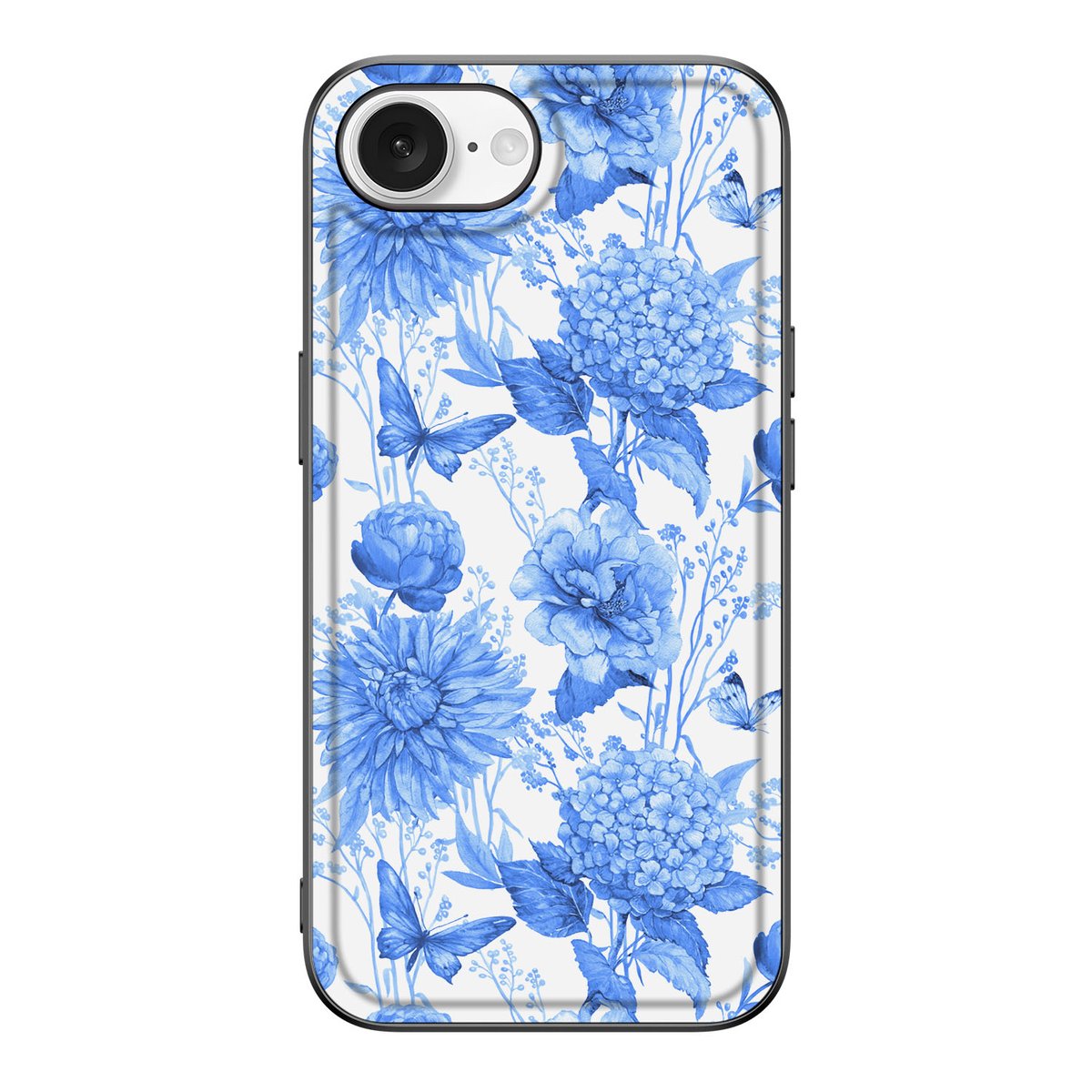 Bloemen Hoesje voor iPhone 16e Flowers Blue met prachtig Delftsblauw bloemen design en vlinders.