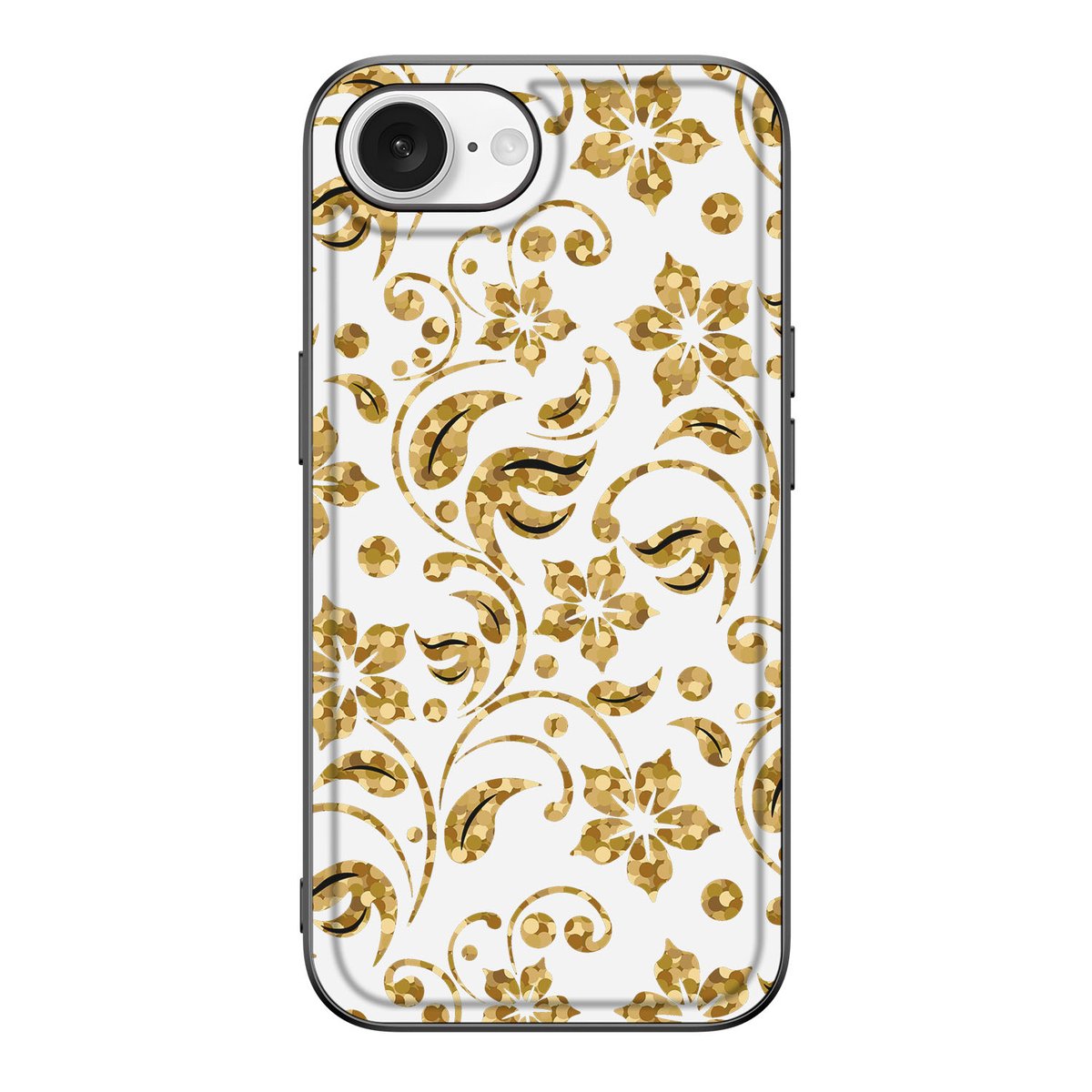 iPhone 16e Bloemen Hoesje Gouden Bloemen met gouden bloemenprint op een transparante achtergrond