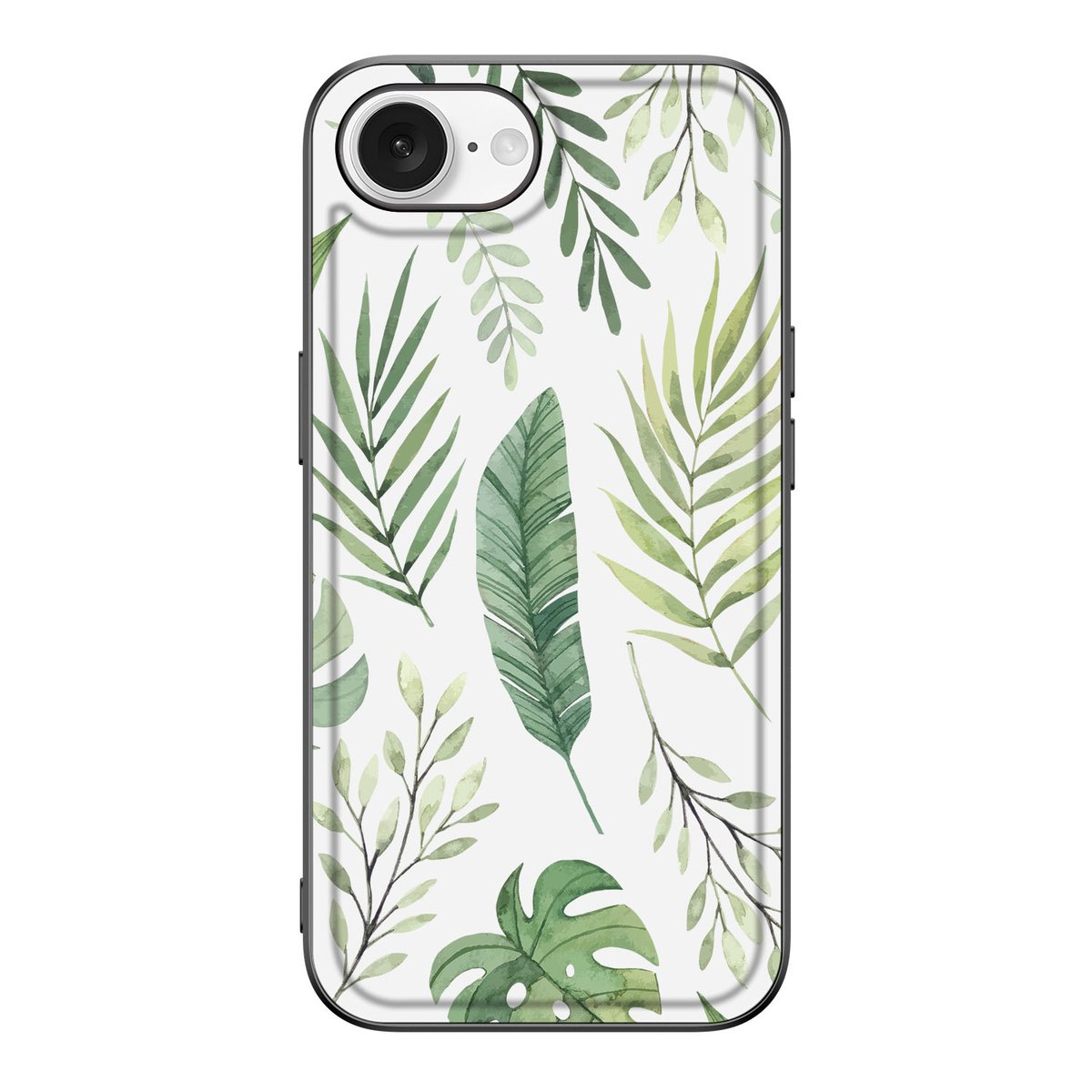 iPhone 16e Bloemen Hoesje Leaves met groene bladeren en planten design, geschikt voor dagelijkse bescherming.