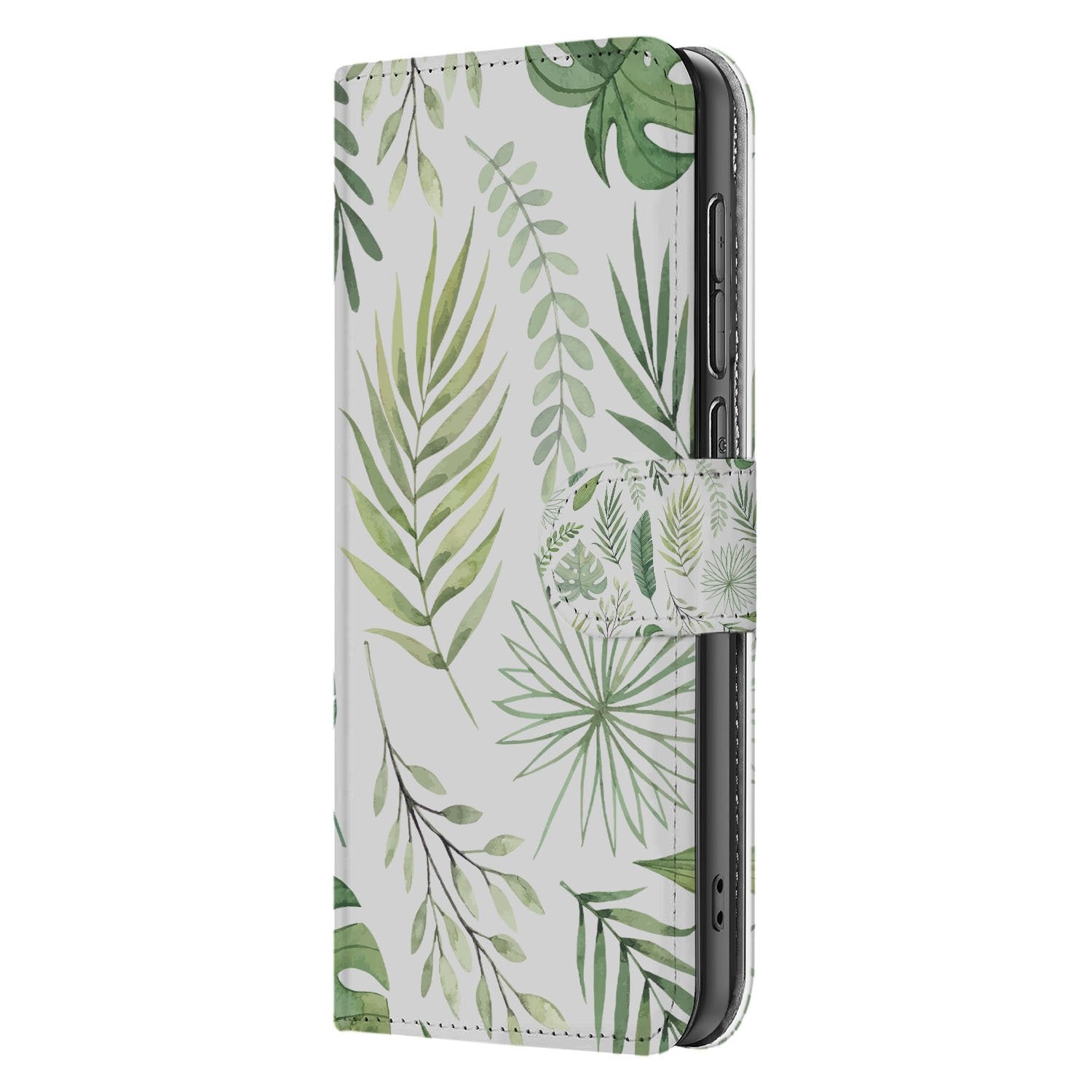 OnePlus Nord CE 5 Bladeren Lichtgroen Wit Met 3 Pasjes Hoesje Voor OnePlus Nord CE 5 Bookcase Hoesje zijkant