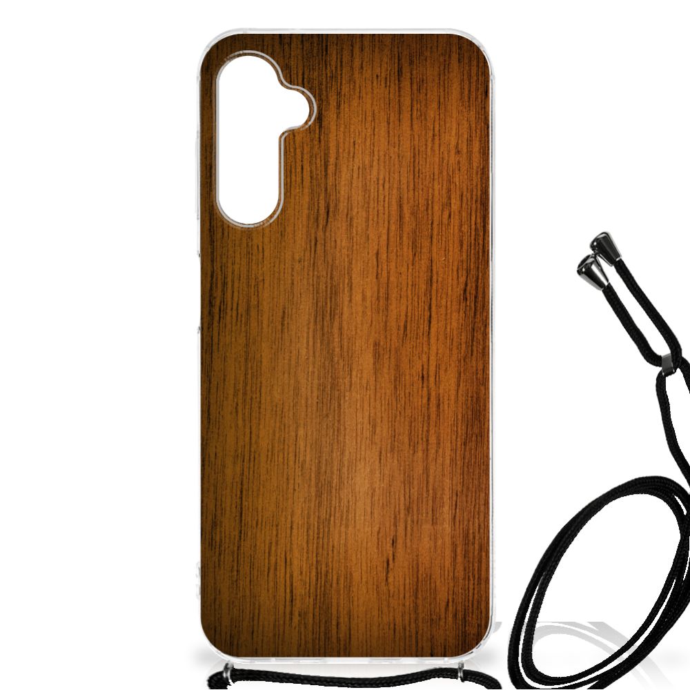 Samsung Galaxy A14 5G Stevig Telefoonhoesje Donker Hout met houten design en schouderband