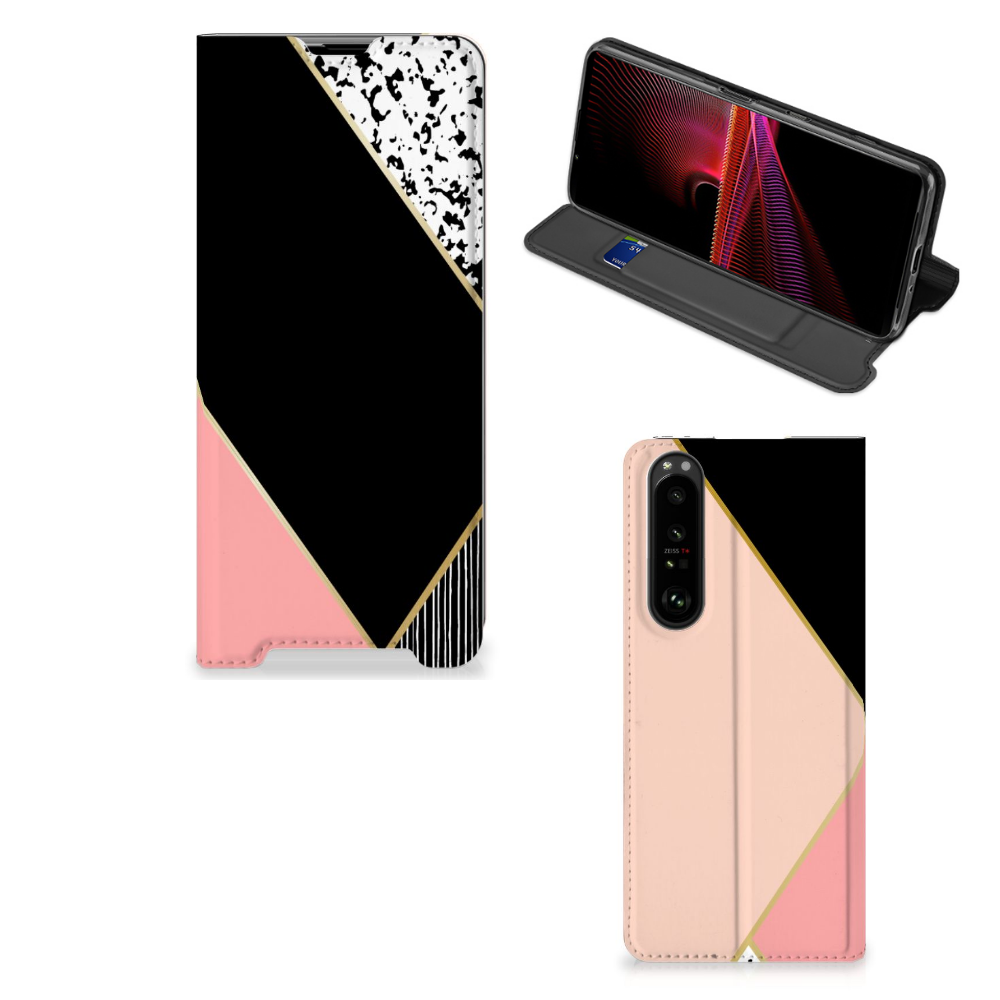 Sony Xperia 1 III Stand Case Zwart Roze Vormen - B2C Telecom