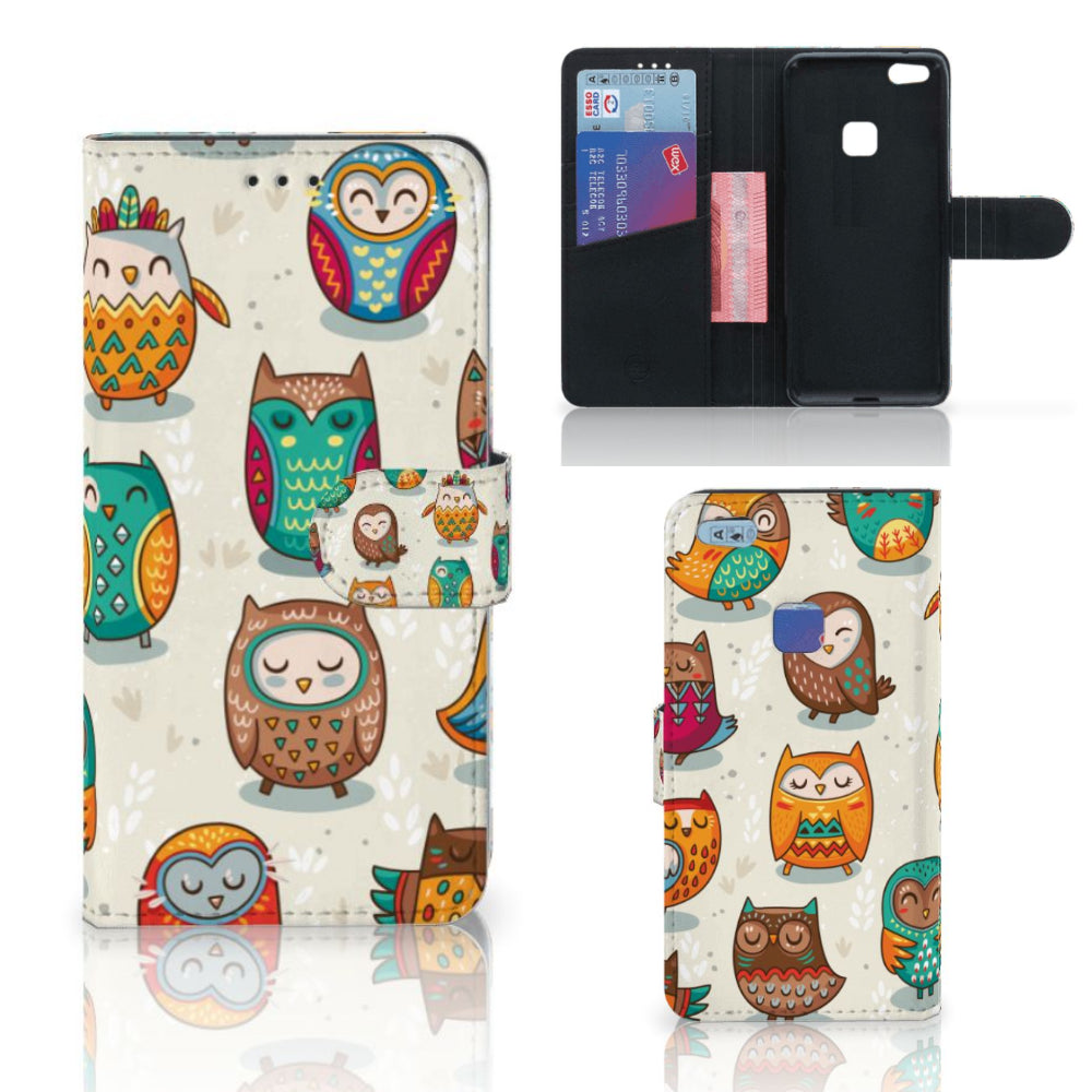 Huawei P10 Lite Telefoonhoesje met Pasjes Vrolijke Uilen