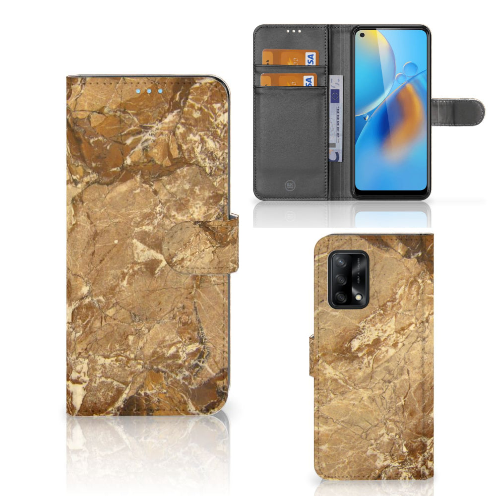 OPPO A74 4G Bookcase Marmer Creme met luxe marmer uiterlijk en pasjeshouder voor optimale bescherming.