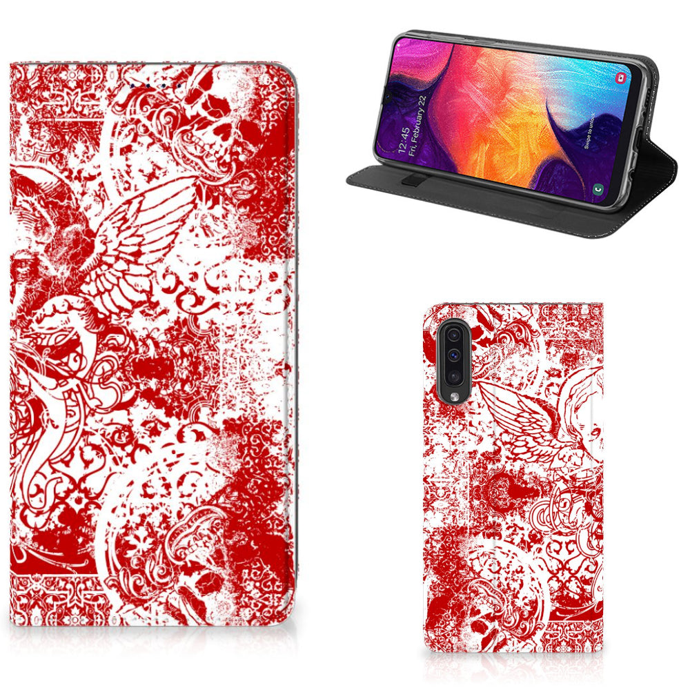 Mobiel BookCase Samsung Galaxy A50 Angel Skull Rood