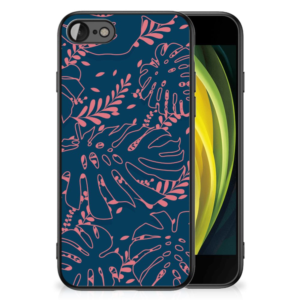 iPhone SE 2022 | SE 2020 | 7/8 Bloemen Hoesje Palm Leaves, design met palmbladeren in roze op donkerblauwe achtergrond.