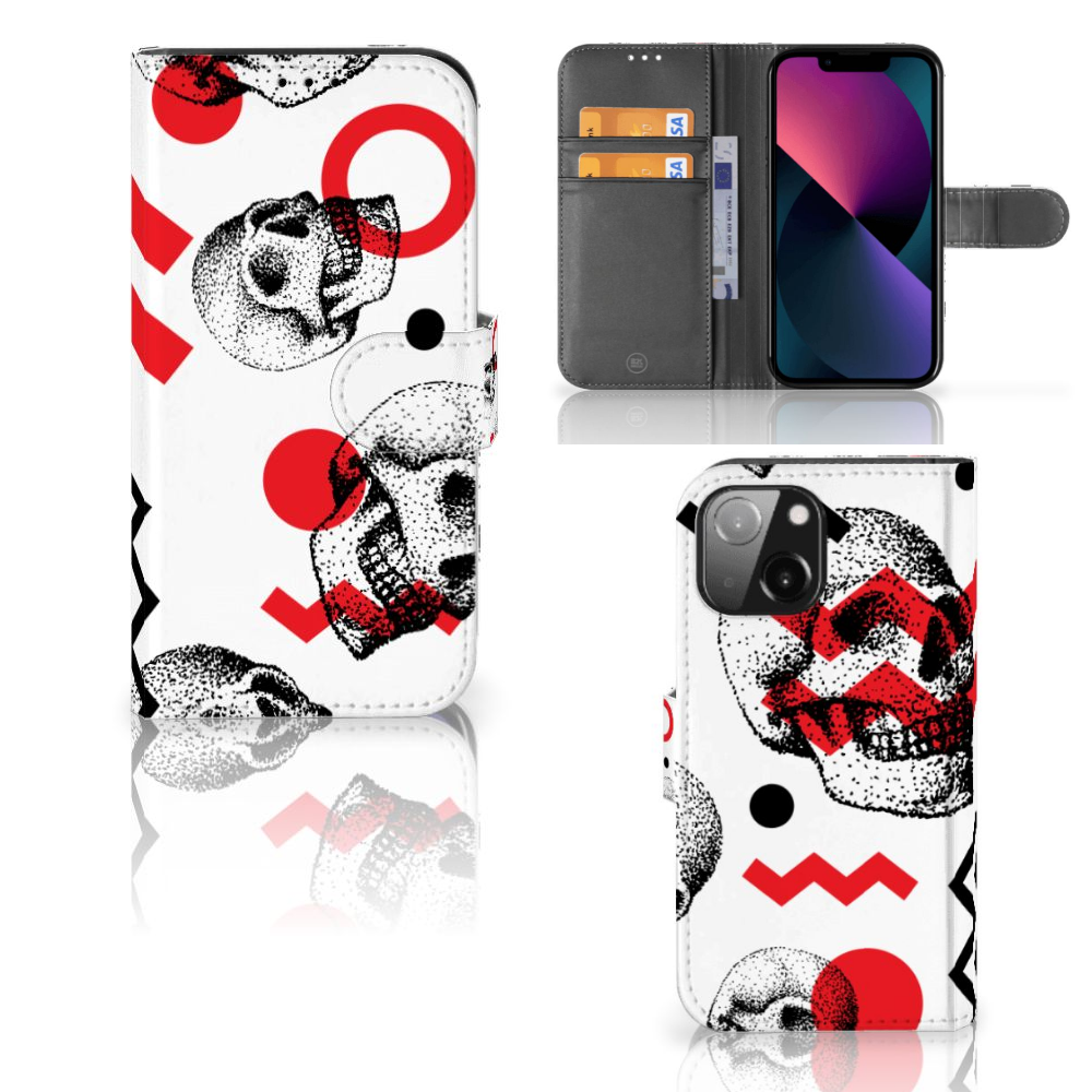 Telefoonhoesje met Naam iPhone 13 Mini Skull Red design met schedels en rode patronen. đ