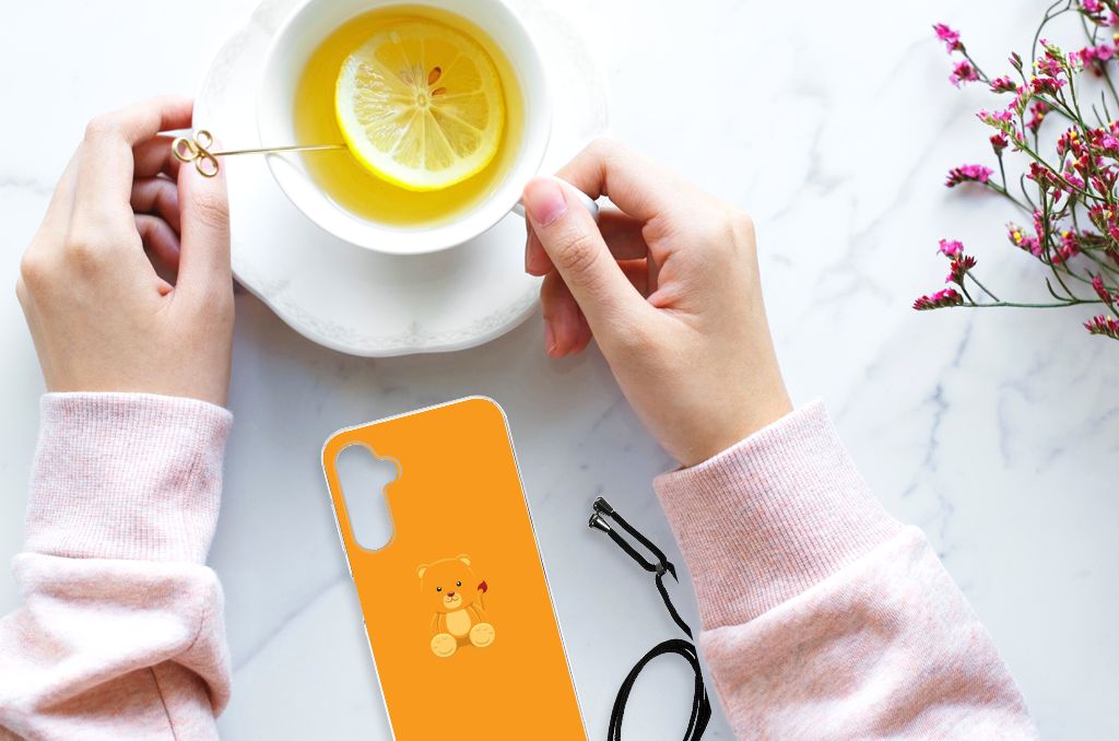 Samsung Galaxy A14 5G Stevig Bumper Hoesje Baby Beer met oranje achtergrond en schattige beerprint.