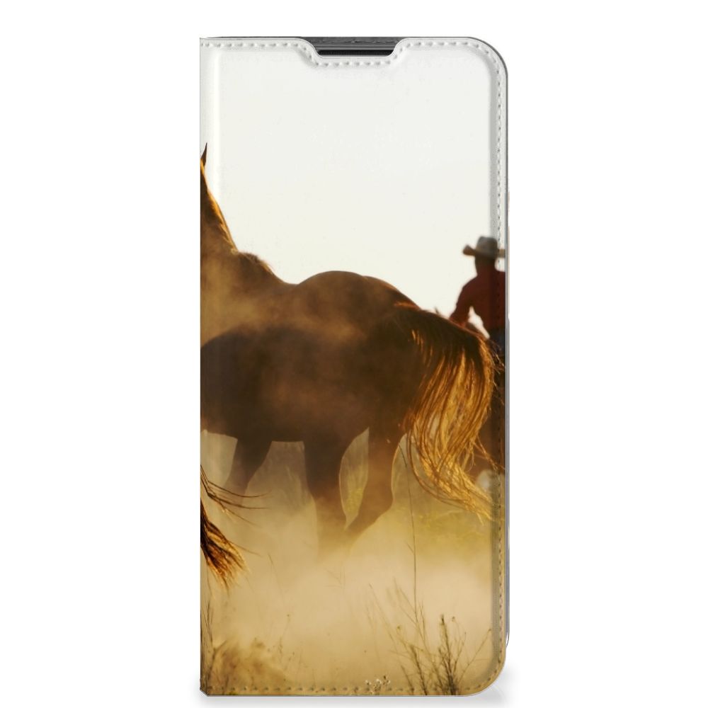 Nokia G50 Hoesje maken Design Cowboy met paarden en cowboy silhouet in een stoffige omgeving.