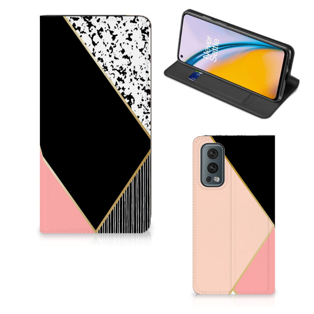 OnePlus Nord 2 5G Stand Case Zwart Roze Vormen