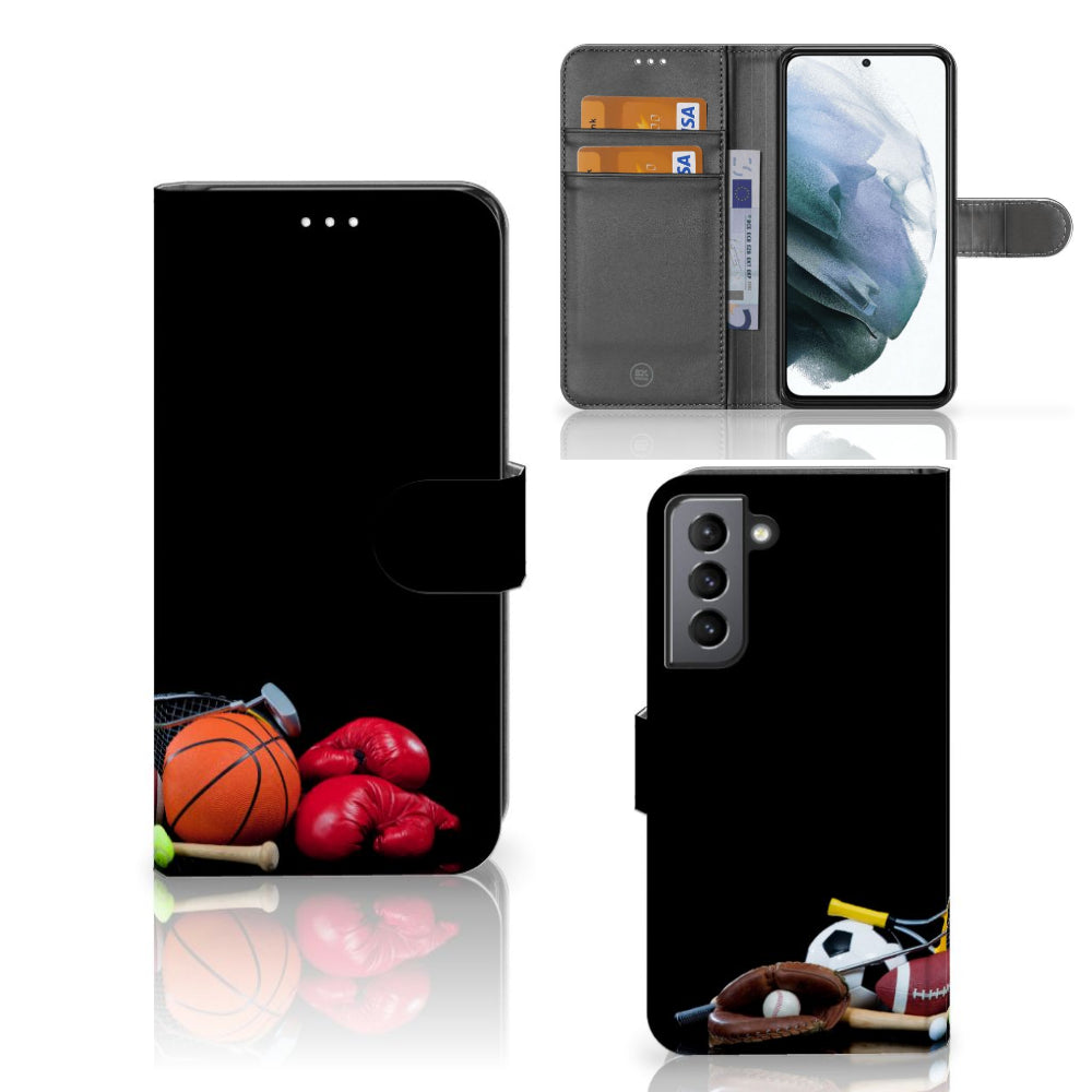 Samsung Galaxy S21 FE Wallet Case met Pasjes Sports met sportballen en ruimte voor pasjes en geld.