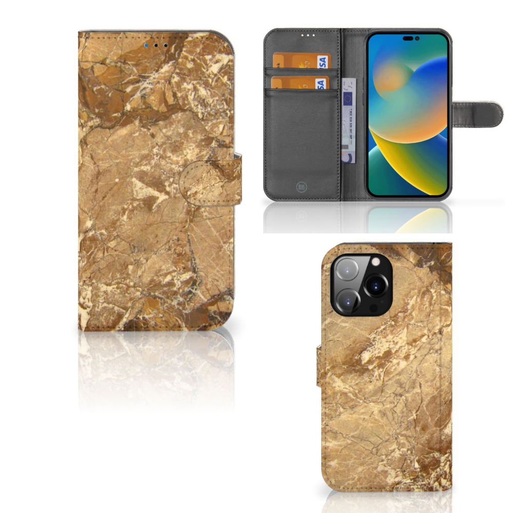 iPhone 14 Pro Max Bookcase Marmer Creme met luxe marmerlook en pasjeshouder voor optimale bescherming.