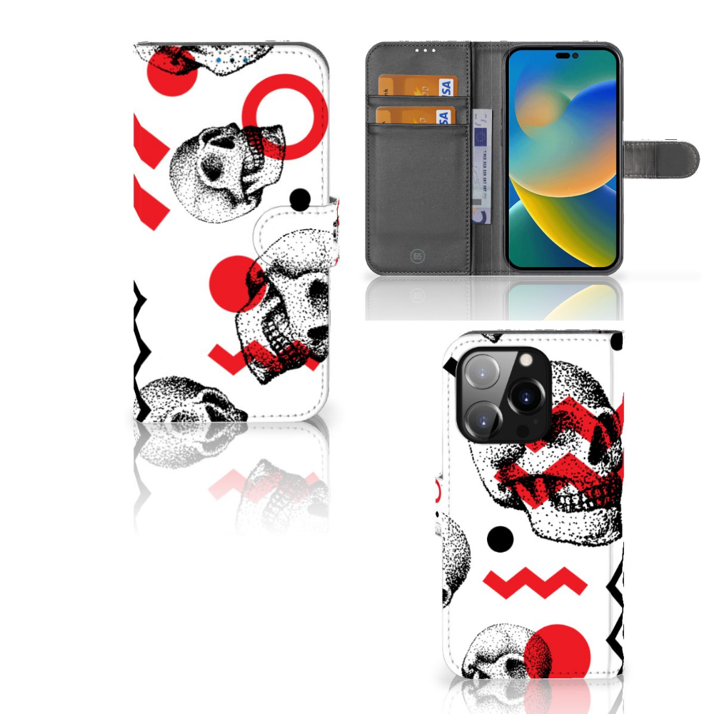 Telefoonhoesje met Naam iPhone 14 Pro Skull Red met hip skull design in rood en wit.