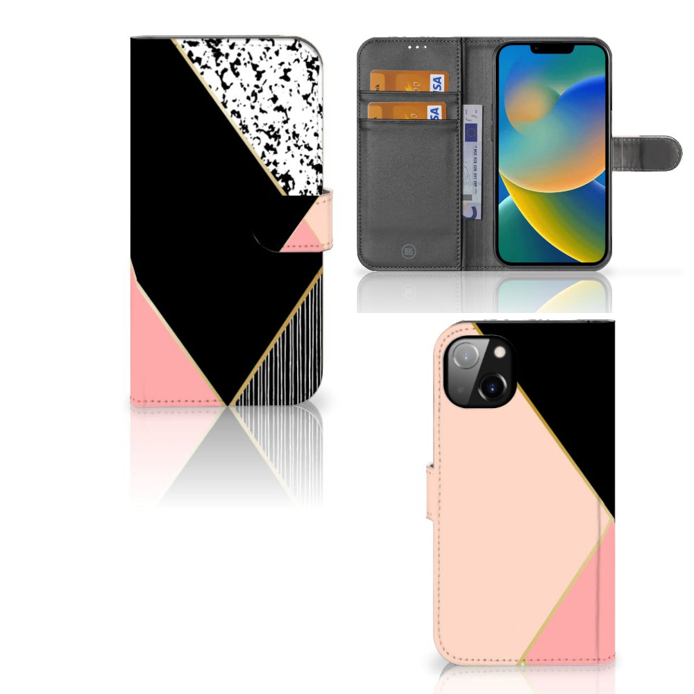 iPhone 14 Plus Book Case Zwart Roze Vormen