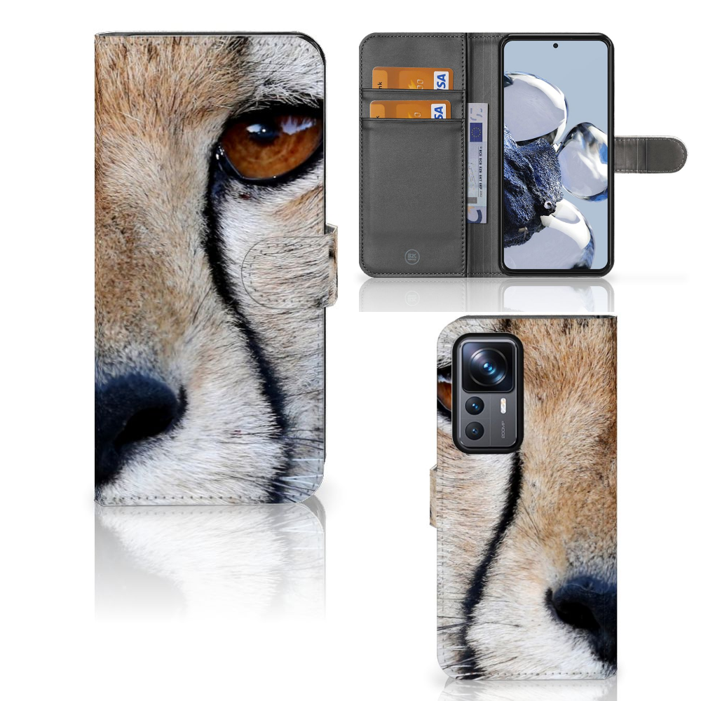 Xiaomi 12T | 12T Pro Telefoonhoesje met Pasjes Cheetah met close-up van cheeta's gezicht en pasjes ruimte.