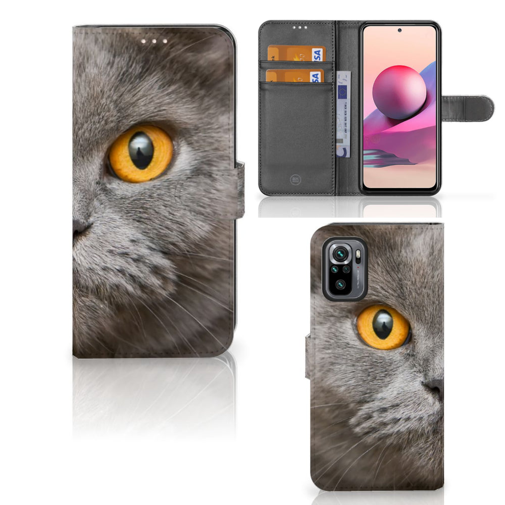 Telefoonhoesje met Pasjes Xiaomi Redmi Note 10S | 10 4G | Poco M5s Britse Korthaar met close-up afbeelding van kattenoog.