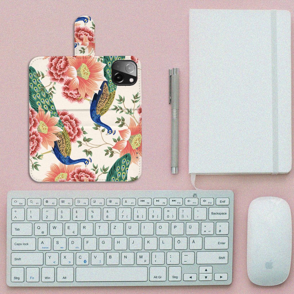 Telefoonhoesje met Pasjes voor iPhone 13 Mini Pink Peacock flower peacock design top view