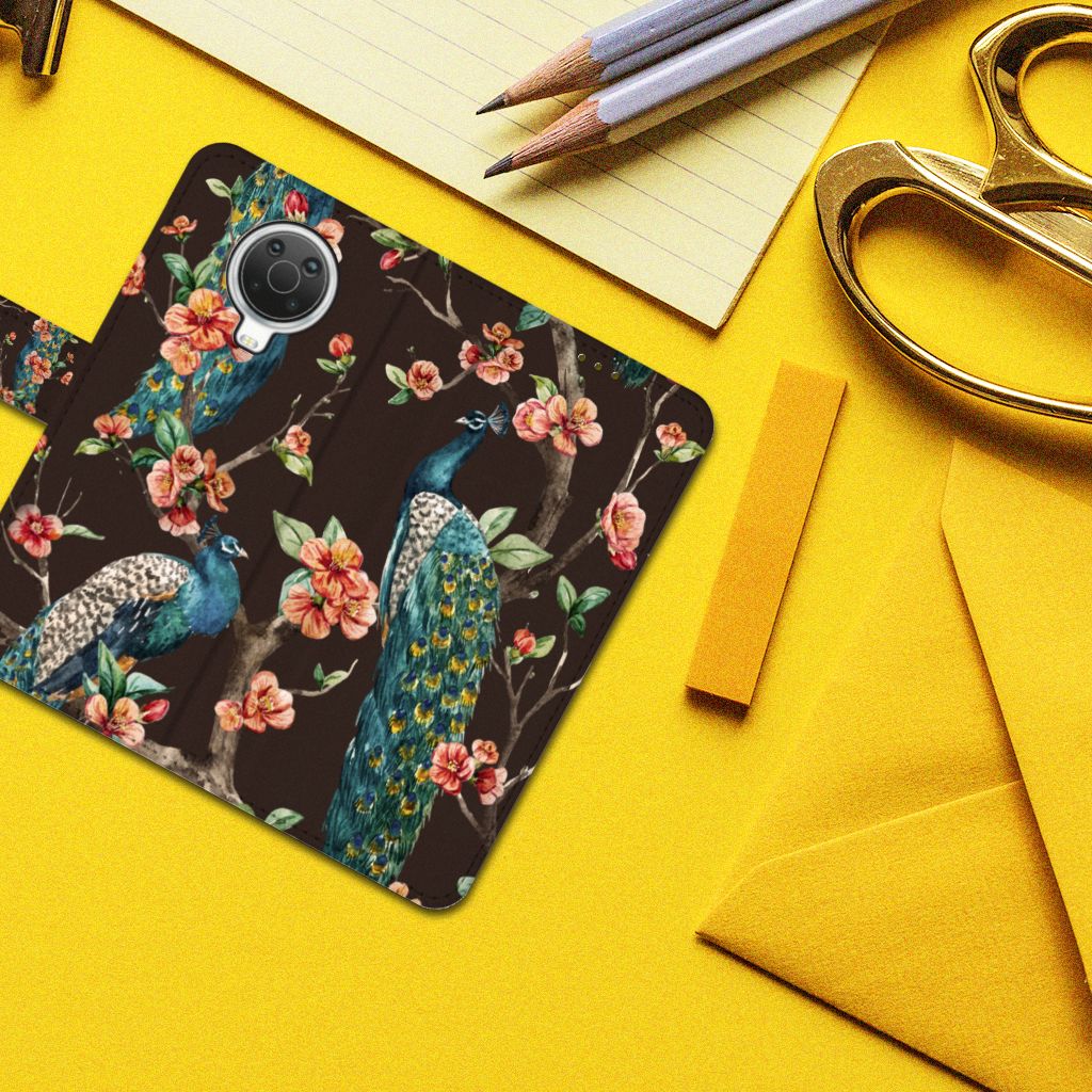Nokia G10 | G20 Telefoonhoesje met Pasjes Pauw met Bloemen