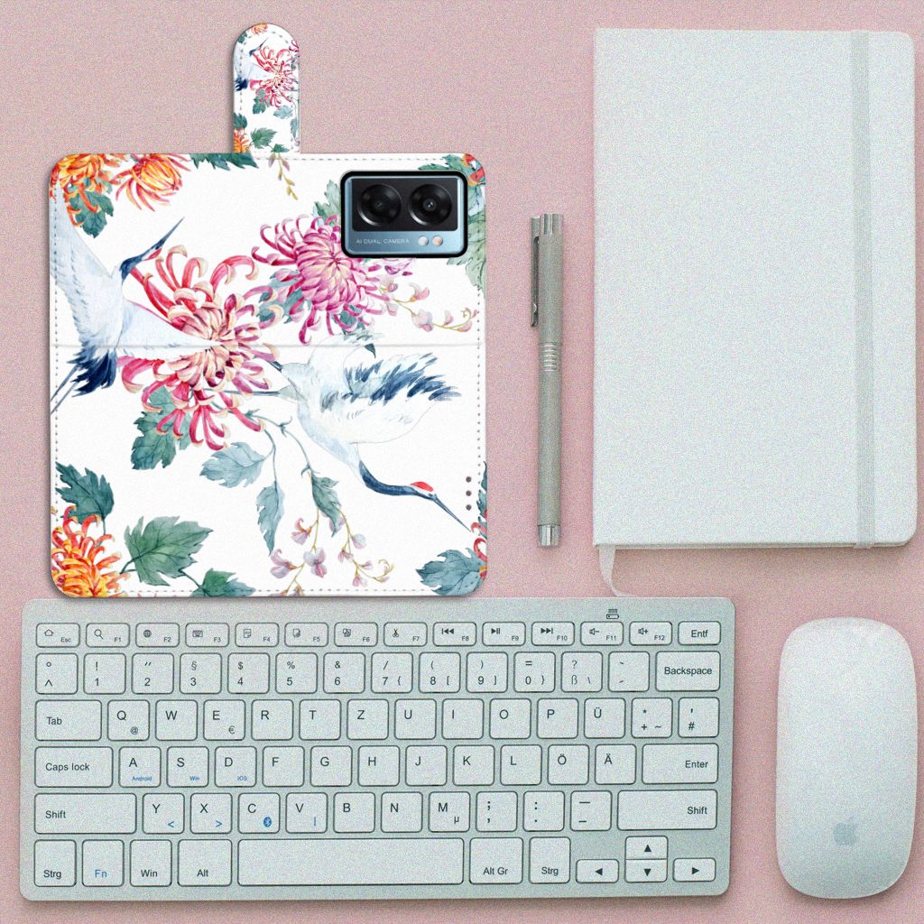 OPPO A77 5G | A57 5G Telefoonhoesje met Pasjes Bird Flowers