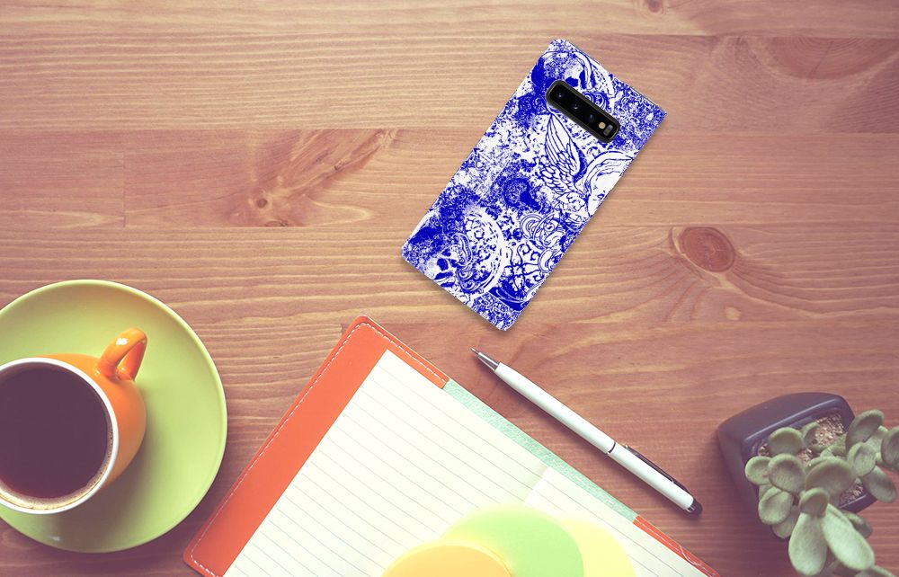 Mobiel BookCase Samsung Galaxy S10 Plus Angel Skull Blauw