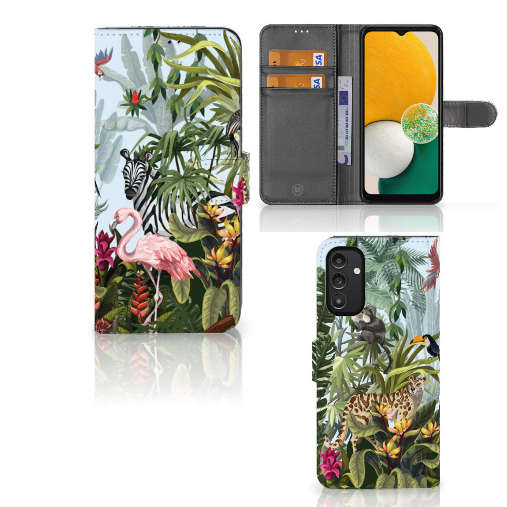 Telefoonhoesje met Pasjes voor Samsung Galaxy A14 5G Jungle met jungle design en ruimte voor pasjes.